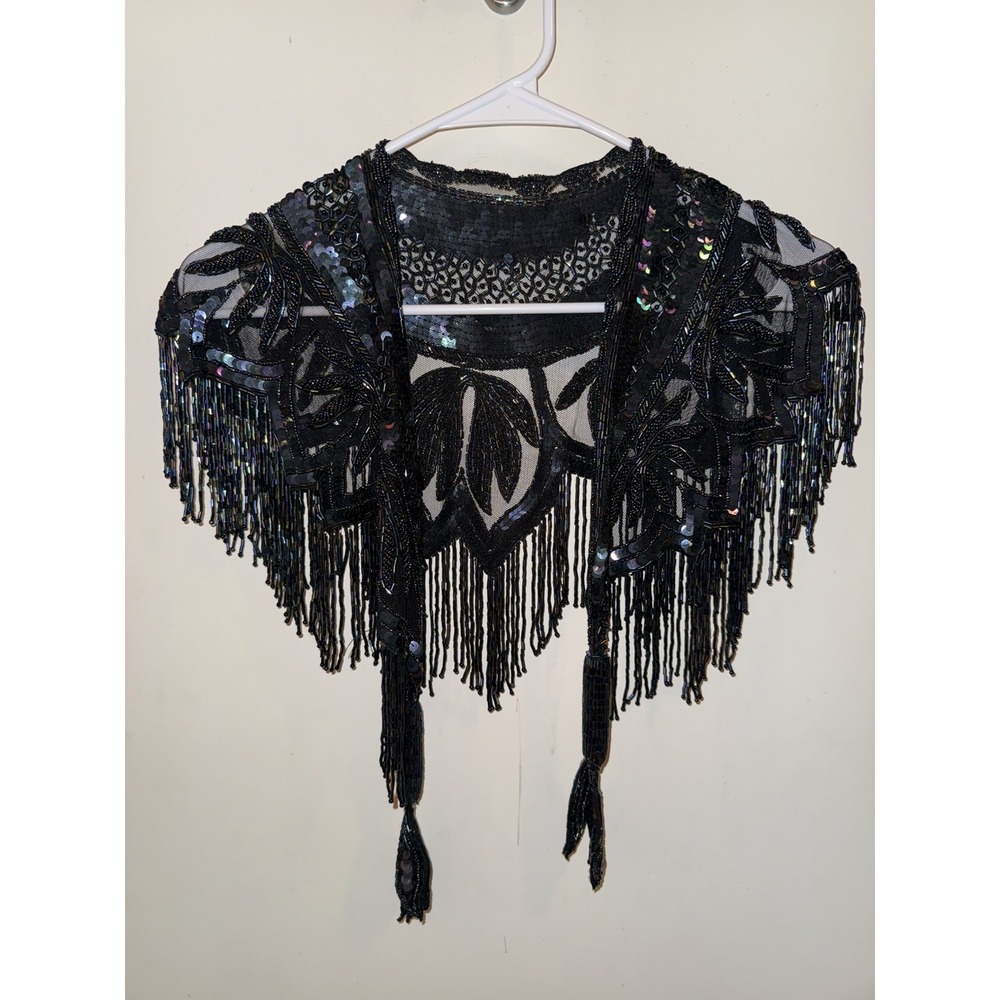 Vtg. BEAUTIFUL BEADED BLACK SHEER WOMENS BLACK Shawl/Collar